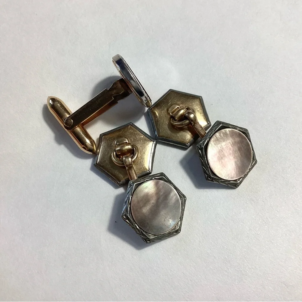 Art Deco Gold Plate Vintage MOP Abalone Cufflinks Lot Of 3